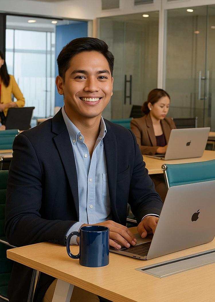 KMC employee smiles at camera in a modern workspace, with colleagues working in the background on laptops.